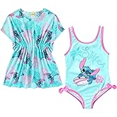 Disney Lilo & Stitch Girls UPF 50+ One Piece Bathing Suit with Mesh Cover-Up 2 Piece Set for Big Kids