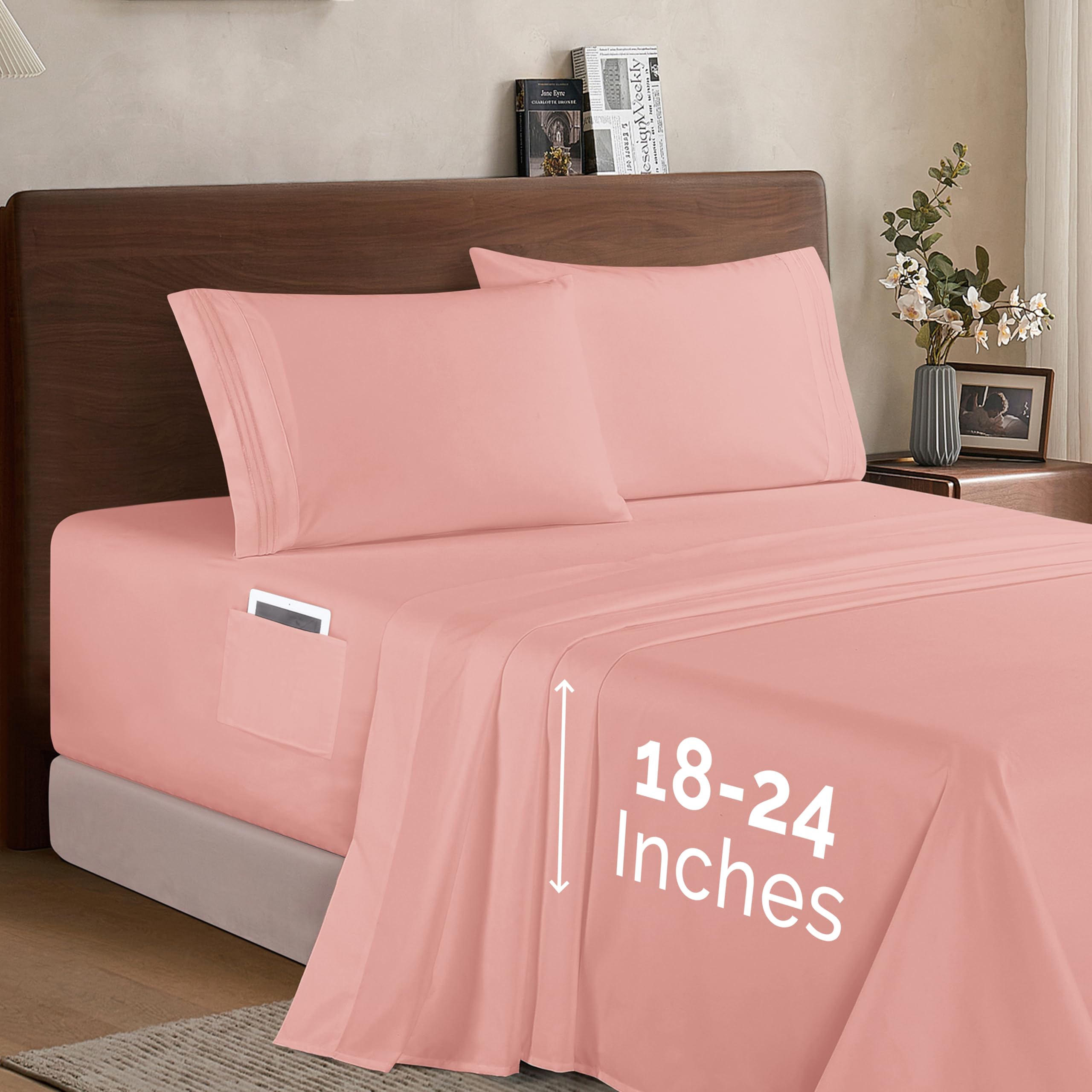 Elegant Comfort Luxury 1500 Premium Hotel Quality Microfiber 4-Piece Sheet Set - Soft, All Around Elastic 18-24 Inches Deep Fitted Sheet - Extra Deep Pocket Sheets, King, Dusty Rose Image