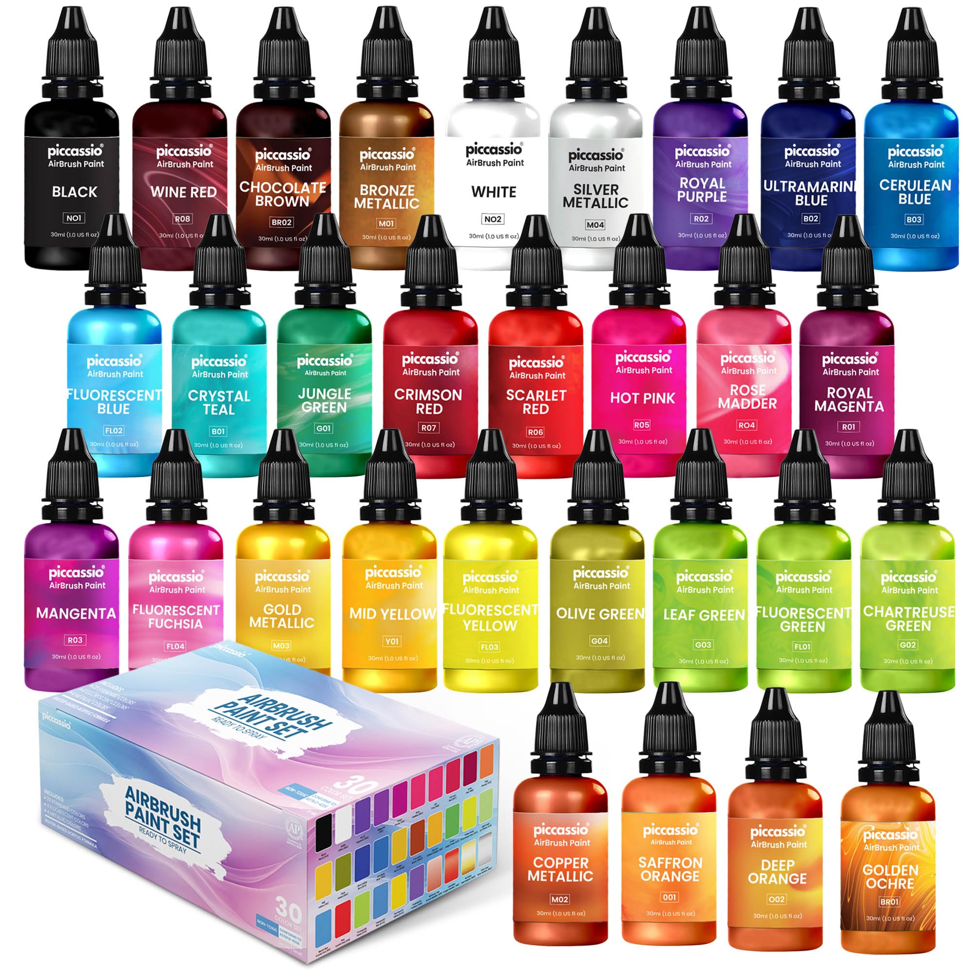 Drying Color Airbrush Paint Set, 30 Water-Based, Quick-Drying Colors for Artists ...