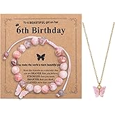 CHUNG Girls Natural Stone Beaded Bracelet Pink Butterfly Necklace 6-12 Years Old Birthday Gifts Christmas for Daughter Granddaughter Niece
