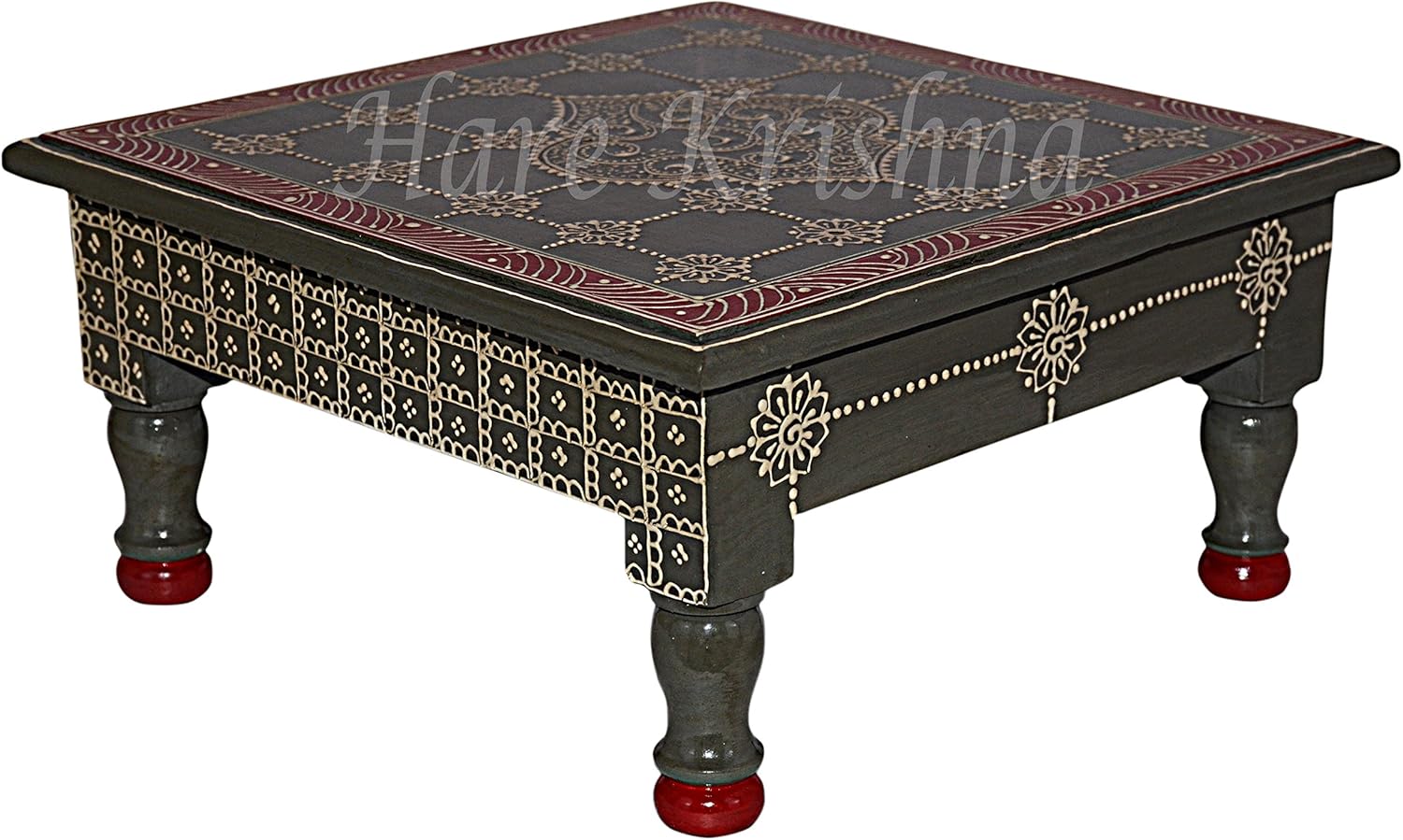 Indian Mini Table Wooden Pooja Chowki Side End Table Small Bajot (Grey) 11 x 11 x 5.5 Inches