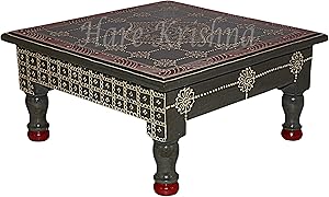 Indian Mini Table Wooden Pooja Chowki Side End Table Small Bajot (Grey) 11 x 11 x 5.5 Inches
