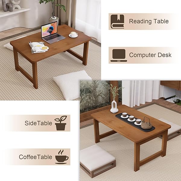MHIUSI FLOOR COFFEE TABLE FOR LIVING ROOM, JAPANESE FOLDING LOW DINING TABLE, NO ASSEMBLY FOLDABLE TATAMI TEA TABLE – NATURAL SOLID WOOD BAMBOO, RECTANGLE GROUND DESK FOR SMALL SPACES (WALNUT)