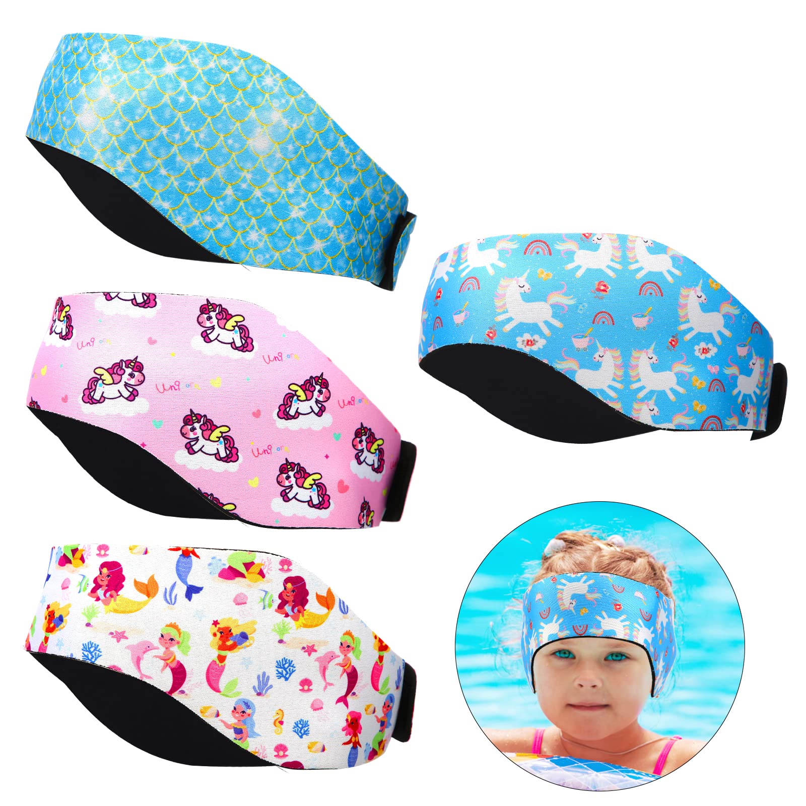 4pcs Swimming Headband for Kids, Adjustable Waterproof Swimming Ear Band Cute Ear Plugs Cartoon Swim Protection Earplugs Unicorn Mermaid Patterns Keep Water Out of Ears