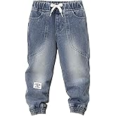 GORGLITTER Boy's Denim Jeans Pants Elastic Waist Letter Patched Jogger Pant with Pockets