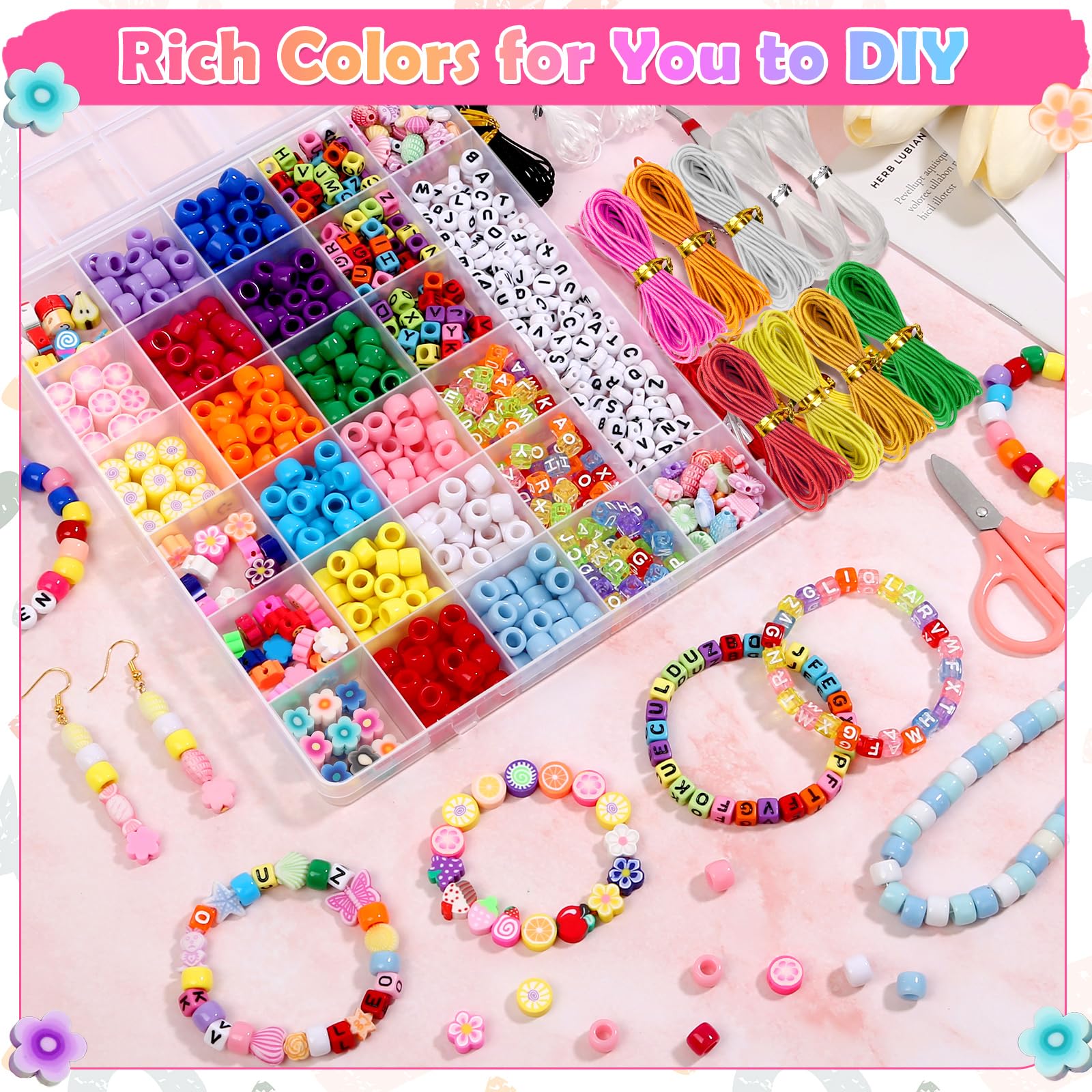 cridoz Bead Bracelet Making Kit, Bead Kits for Bracelets Making with Pony Beads, Polymer Fruit Clay Beads, Charm Beads, Letter Beads for Bracelets and Jewelry Making