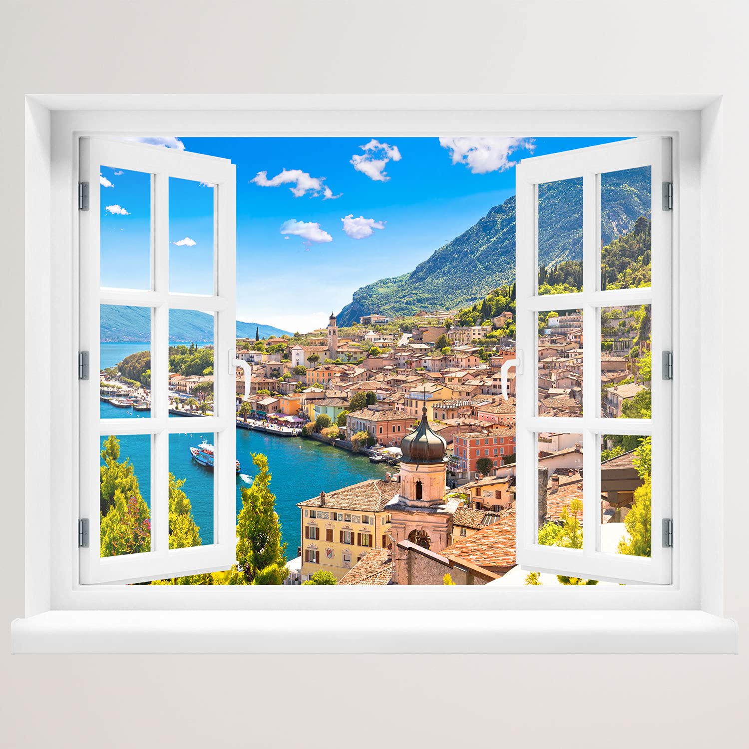 Wall Sticker - Window with View - Village on The Lake 120 x 94 cm - Wall Sticker
