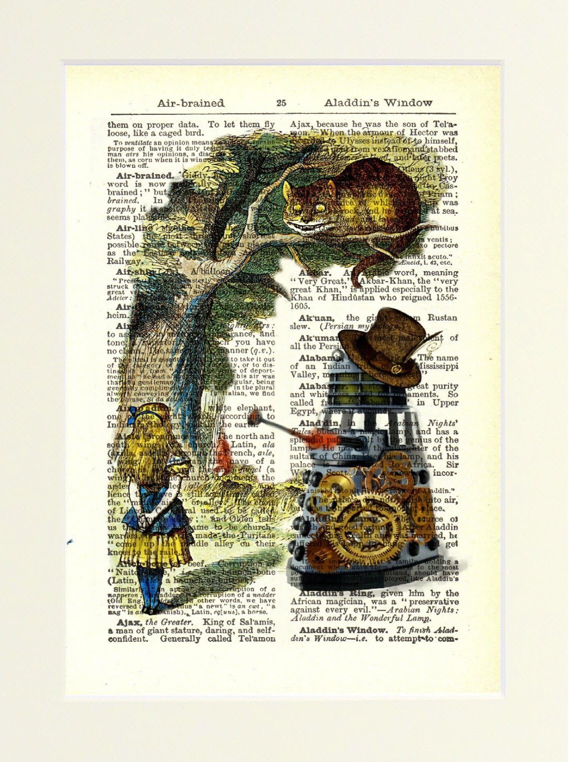 Heart n Home Dictionary Print Alice in Wonderland with Steampunk Dalek Doctor Who Cheshire Cat Poster printed on a Vintage Book Page. Mounted ready to fit an A4 Frame