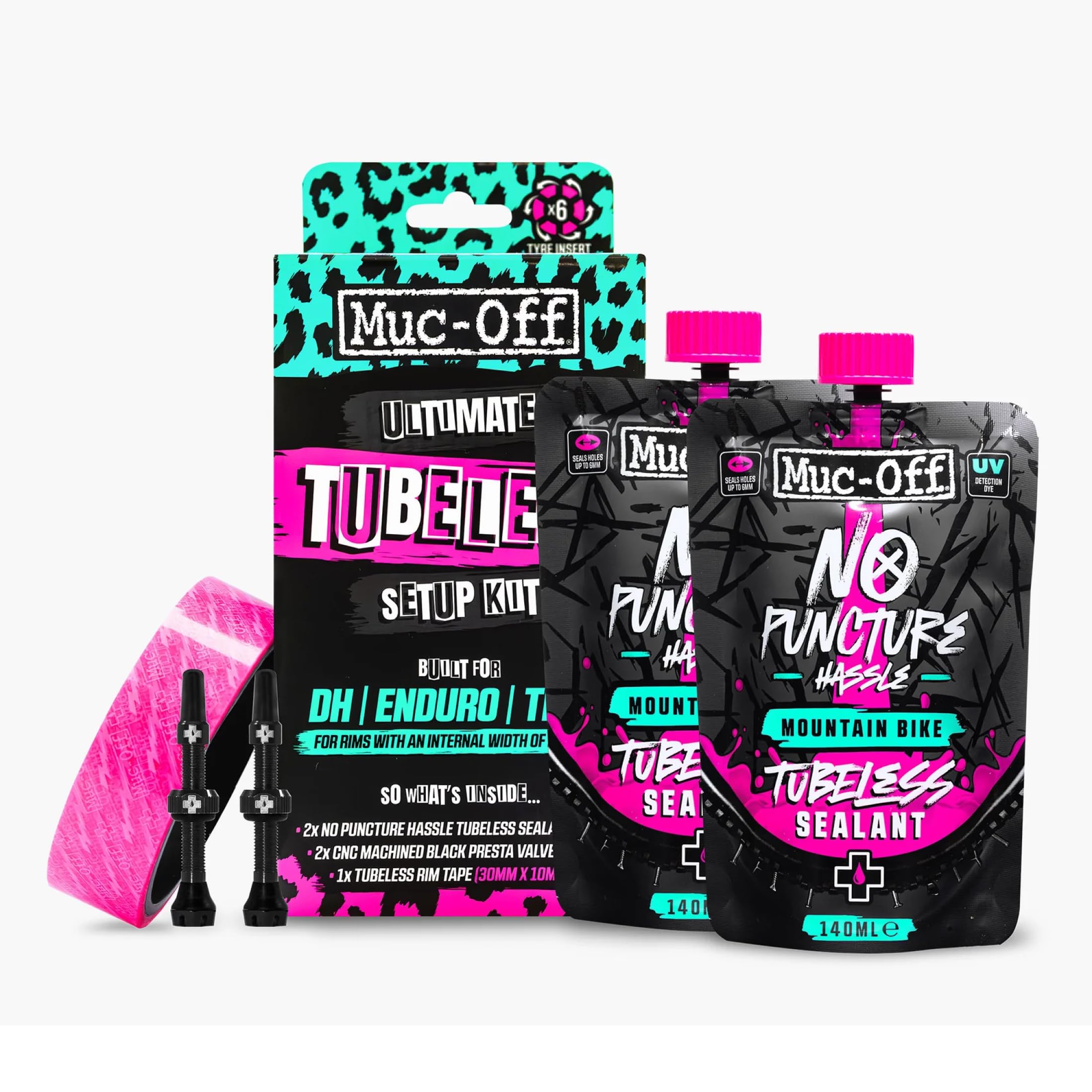 Muc-Off Ultimate Tubeless Setup Kit - Complete Tubeless Conversion Kit with Sealant, Rim Tape, Valves, and Patches - Fits MTB, Road, Gravel & CX Wheels - DH/Plus (35mm Tape / 44mm Valves)
