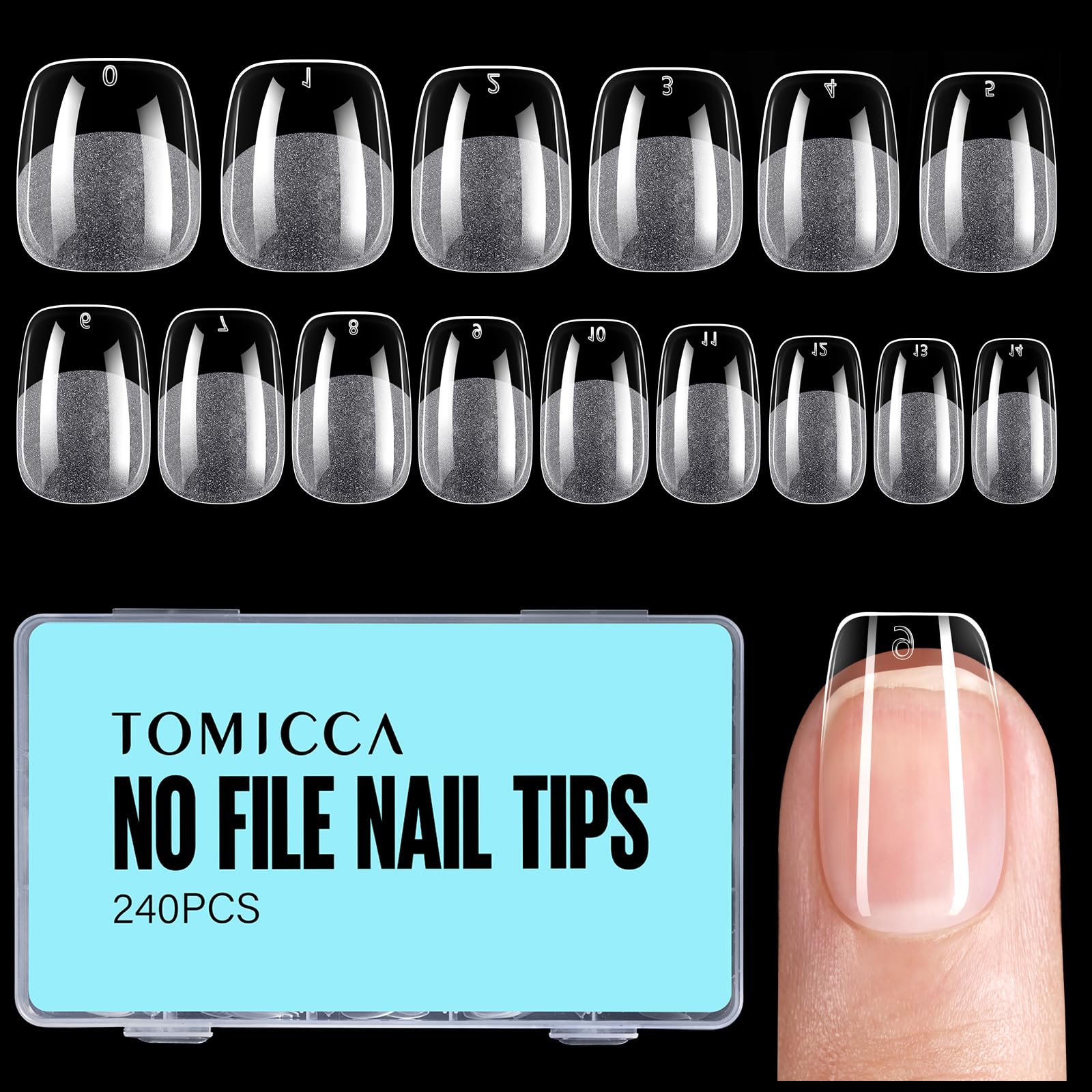 TOMICCA Soft Gel Nail Tips, 240PCS Clear Half Matte, Full Cover No File Nail Tips Traceless for Salon & Home DIY, 12 Sizes - Short Square — image 1