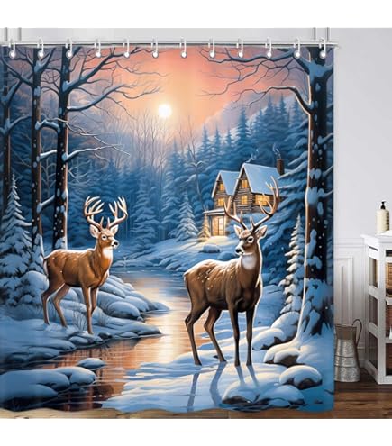 WUASDCS Winter Forest Deer Shower Curtain Merry Christmas Watercolor Farmhouse Elk Moose Rustic Cabin Hunnting Red Bird Happy New Year Fabric Bath