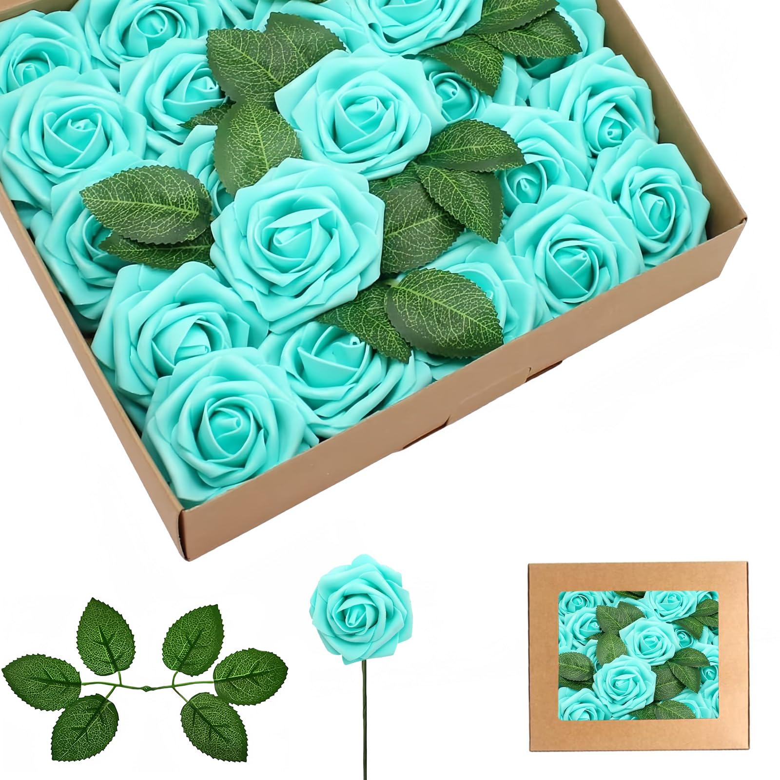 25Pcs Light Green Artificial Roses, Real Touch Foam Roses with Stems, 4 Leaves, Artificial Flowers for Wedding, Bridal Bouquets, Cake, Grave Stone, Table Centerpieces, Baby Shower, Funeral Decoration