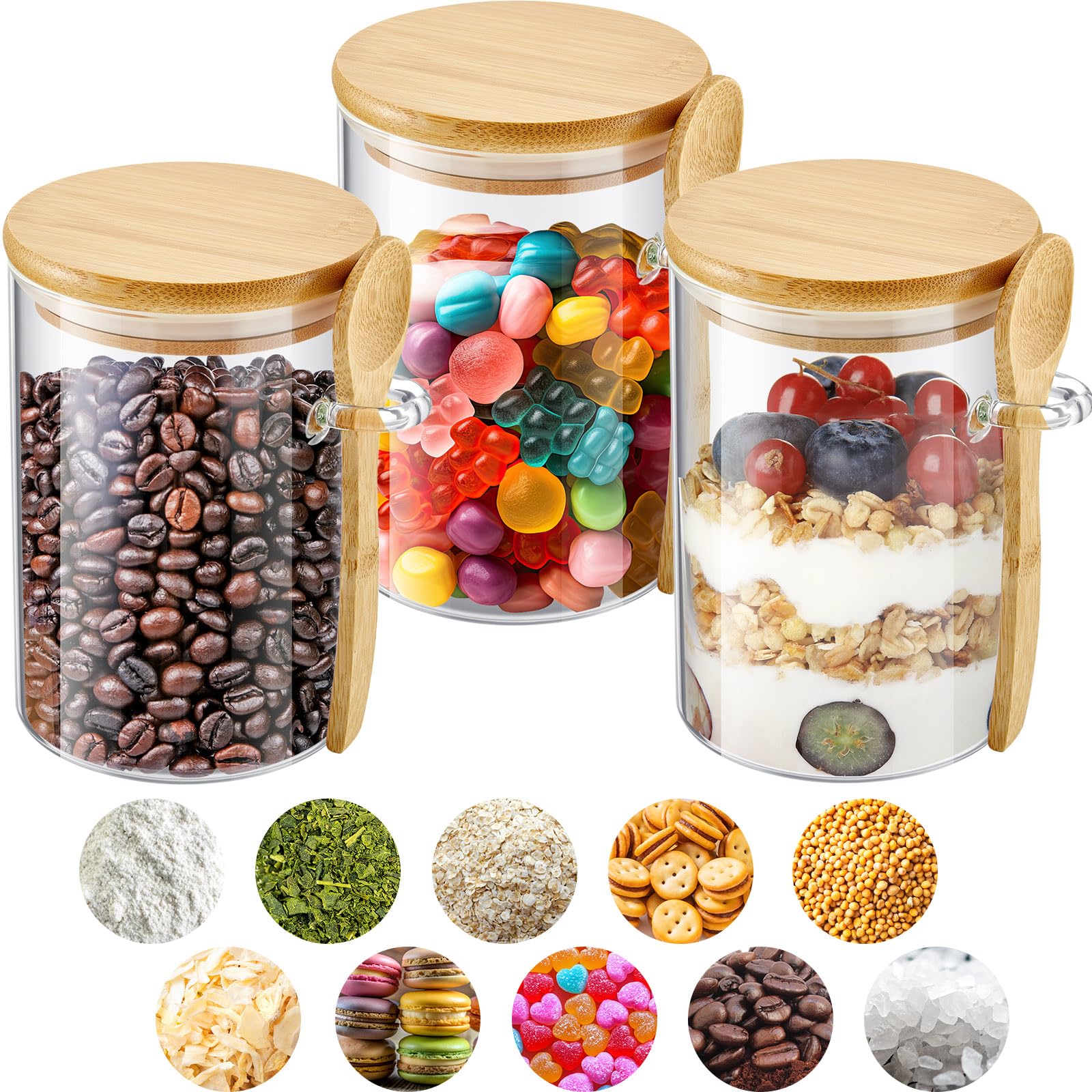Photo 1 of Tessco for you 8 Pack Sugar Jar Glass Container with Spoon Clear Glass Jars with Bamboo Lid and Spoon Scoop for Coffee Beans, Spice, Brown Sugar, Tea, Flour, Nuts, Candy, Salts (17 oz)