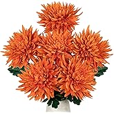 Hollyone 6Pcs Orange Artificial Mums for Outdoors Fall Flowers Large Fall Mums Autumn Chrysanthemum Silk Flowers 25.6" Long Stem Faux Spider Mum Flower Arrangements Fake Bouquet Decorations for Home