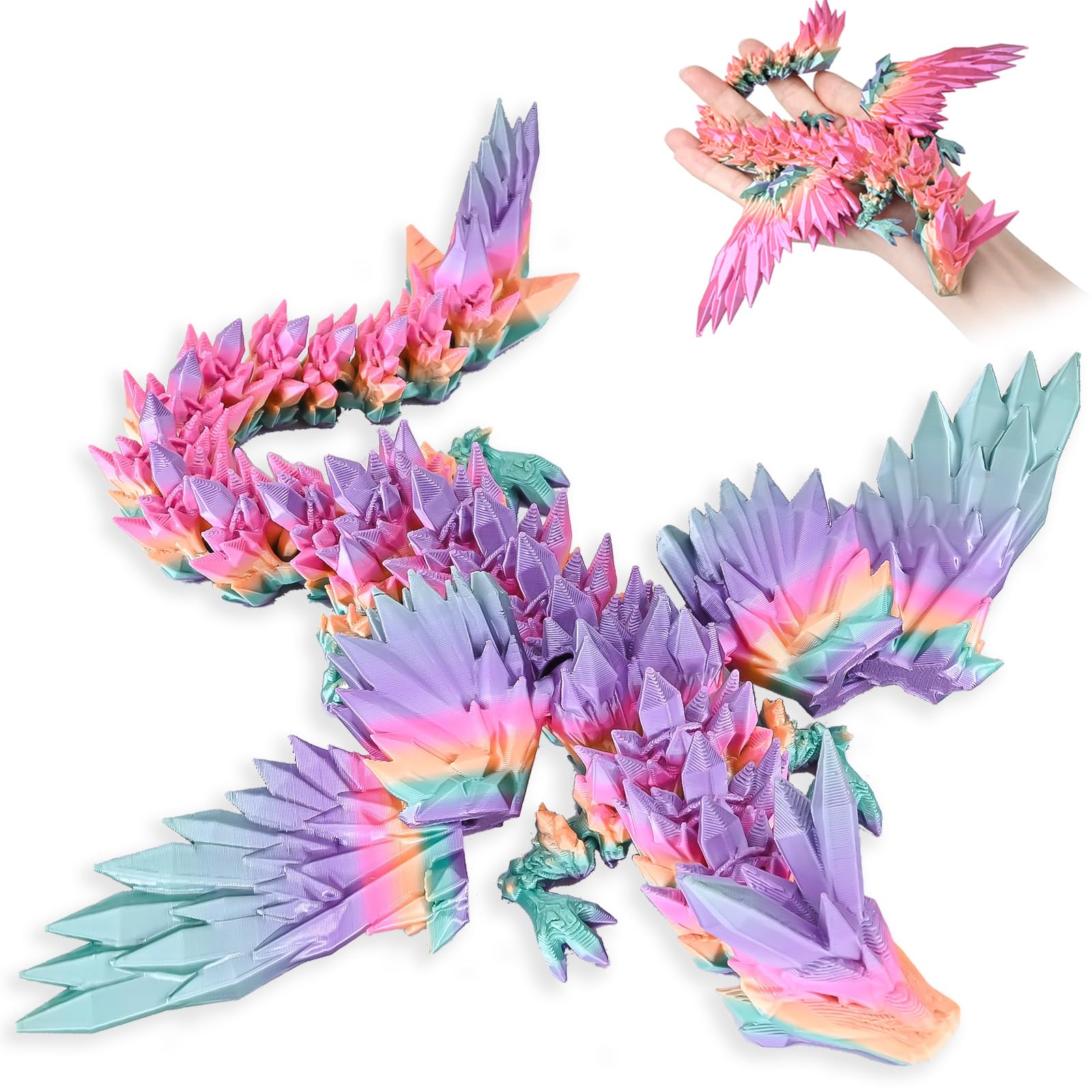 LOCYFENS 3D Printed Dragon with Wings Flying Dragon, Rainbow Articulated 3D Dragon Toys, 3D Printed Crystal Wing Dragon Without Dragon Egg