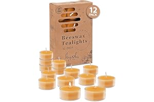 Hyoola Pure Beeswax Tea Lights, Handmade Decorative Unscented, Tealight Candles, 4 Hour Burn Time, Clear Cup (Pack of 12)