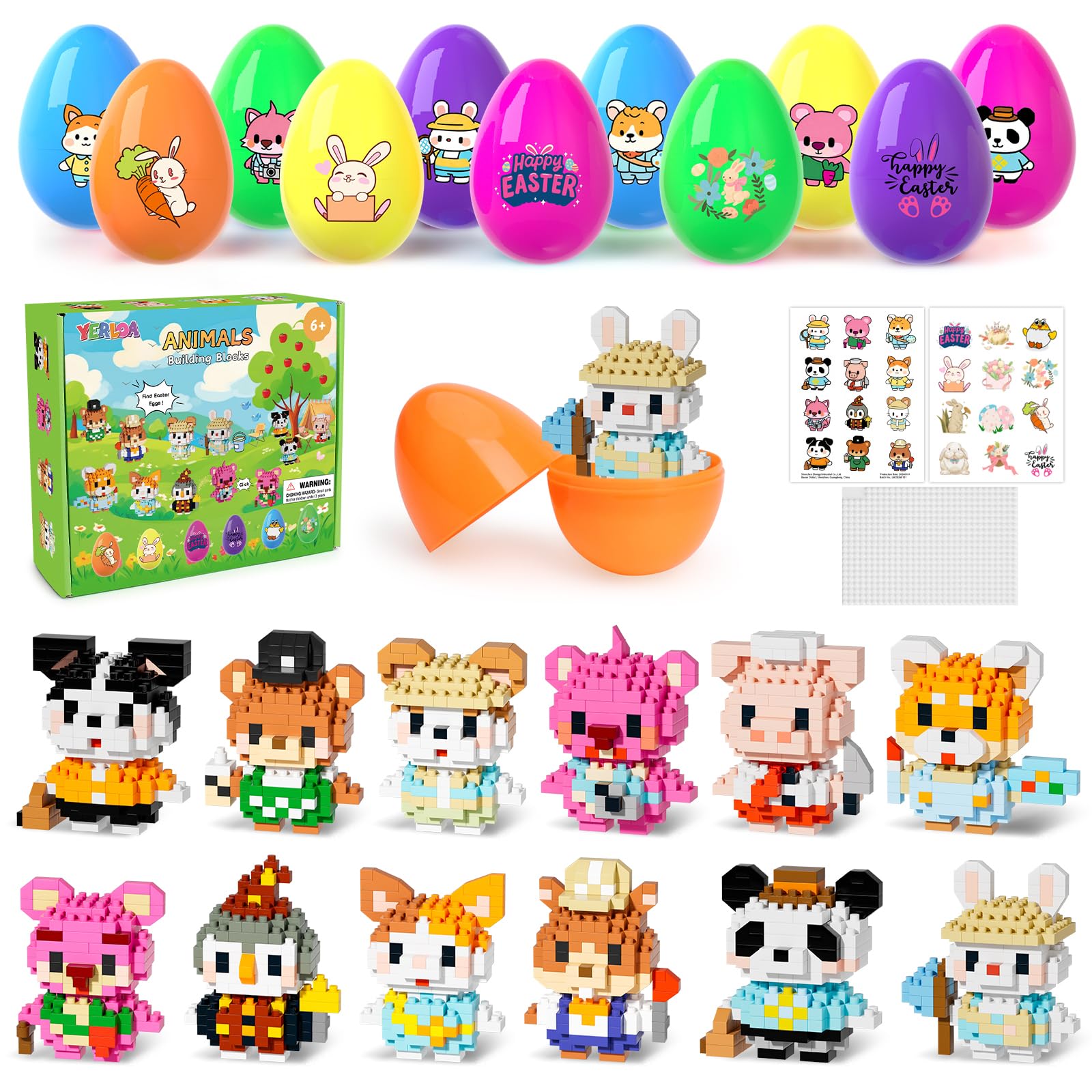 Yerloa 12 Micro Mini Building Block Sets, Easter Basket Stuffers for Kids, Cute Easter Eggs Filled, Animal Building Blocks with 2 Stickers, Valentines for Class, Party Favors for Boy Girl Age 6+