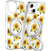 Loheckle for iPhone 15 Plus/14 Plus Case with Stand- Compatible with MagSafe Women Girls Cute Clear Aesthetic Unique Design Soft TPU Built-in Stand Phone Cover for Apple 15/14 Plus, Sunflower