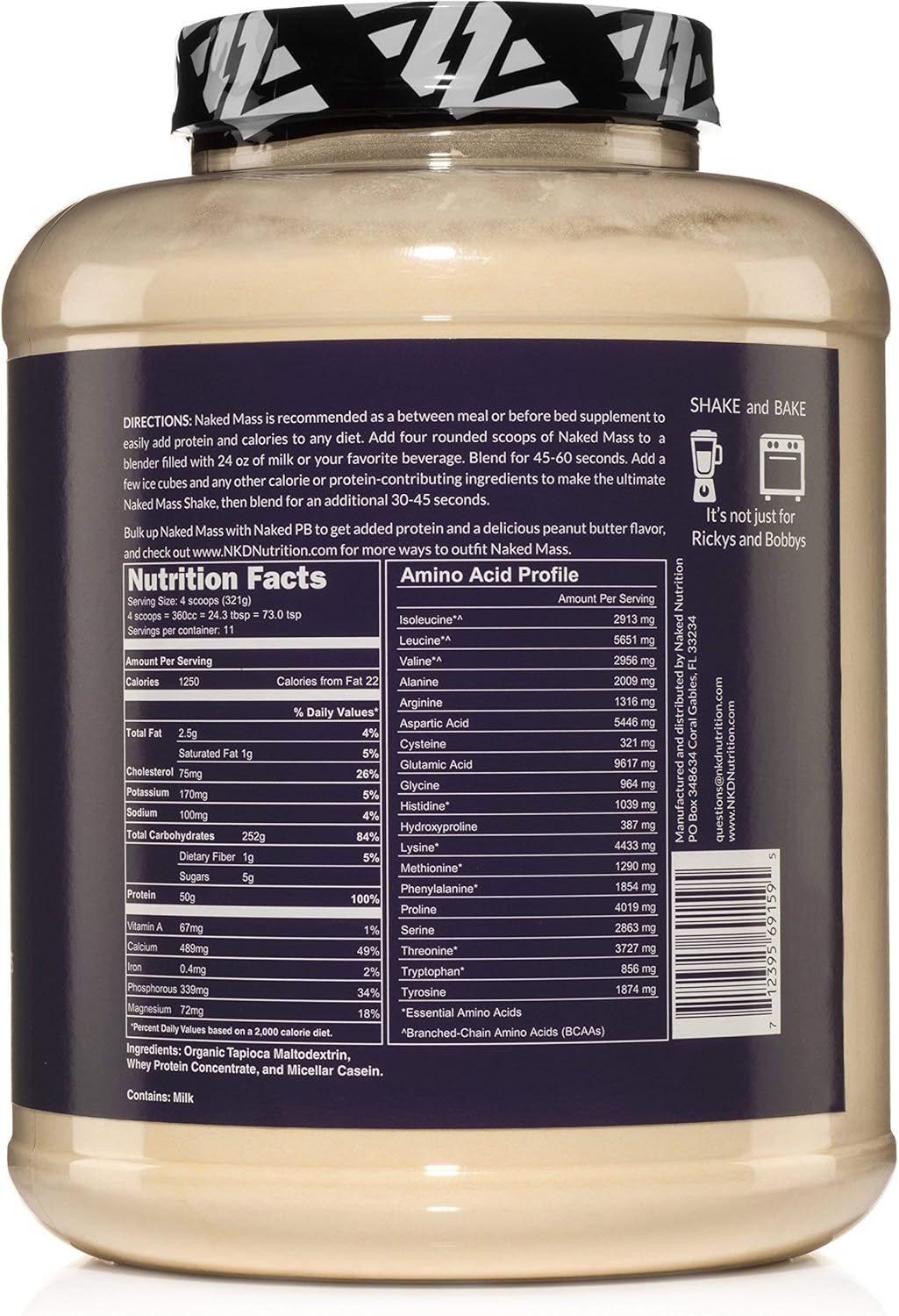 Naked Mass - Natural Weight Gainer Protein Powder - 8lb Bulk, GMO Free, Gluten Free & Soy Free. No Artificial Ingredients - 1,250 Calories - 11 Servings: Health & Personal Care