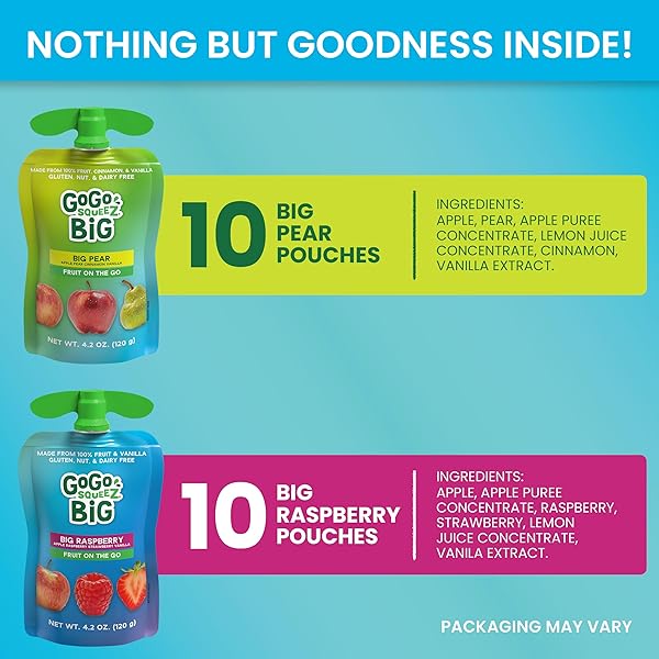GOGO SQUEEZ BIG APPLESAUCE & FRUIT PUREE WITH VANILLA AND CINNAMON VARIETY PACK, PEAR & RASPBERRY, 4.2 OZ. (PACK OF 20), UNSWEETENED FRUIT SNACKS FOR KIDS, GLUTEN FREE, NUT FREE, DAIRY FREE POUCHES