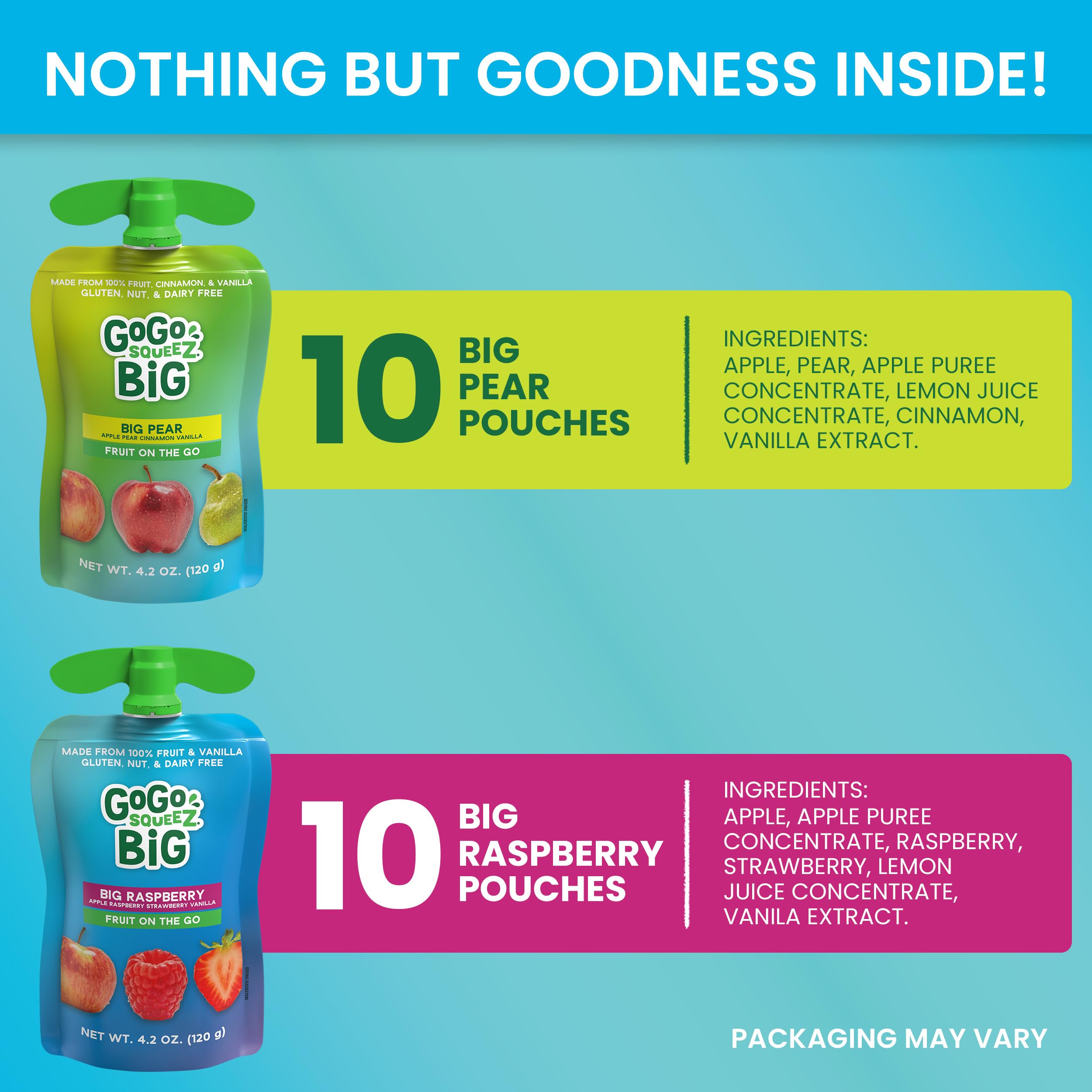 GoGo SqueeZ BIG Applesauce & Fruit Puree with Vanilla and Cinnamon Variety Pack, Pear & Raspberry, 4.2 oz. (Pack of 20), Unsweetened Fruit Snacks for Kids, Gluten Free, Nut Free, Dairy Free Pouches