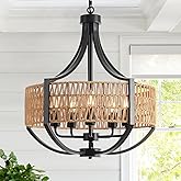 VDWO 20" Rattan Chandelier, 5-Light Black Farmhouse Pendant Light | Wicker cage design, Thickened metal frame, Boho chandelier for dining room, living room, kitchen island, UL Listed E26 Base