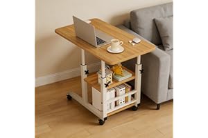 IDEALHOUSE Height Adjustable C Shaped End Table, Mobile Sofa Side Table with Lockable Wheels, Small Computer Desk for Bedroom