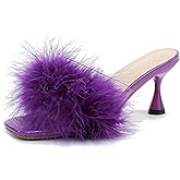fereshte Women's Feather Mule Sandals, Kitten Heel, Square Open Toe, Slip On, Fluffy Fur Clear Strap
