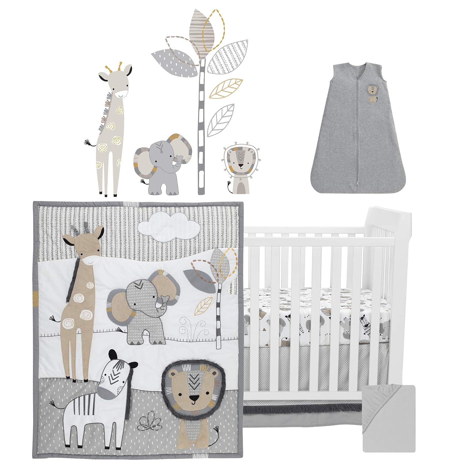 Lambs & Ivy Jungle Safari Gray/Tan/White Nursery 6Piece Baby Crib