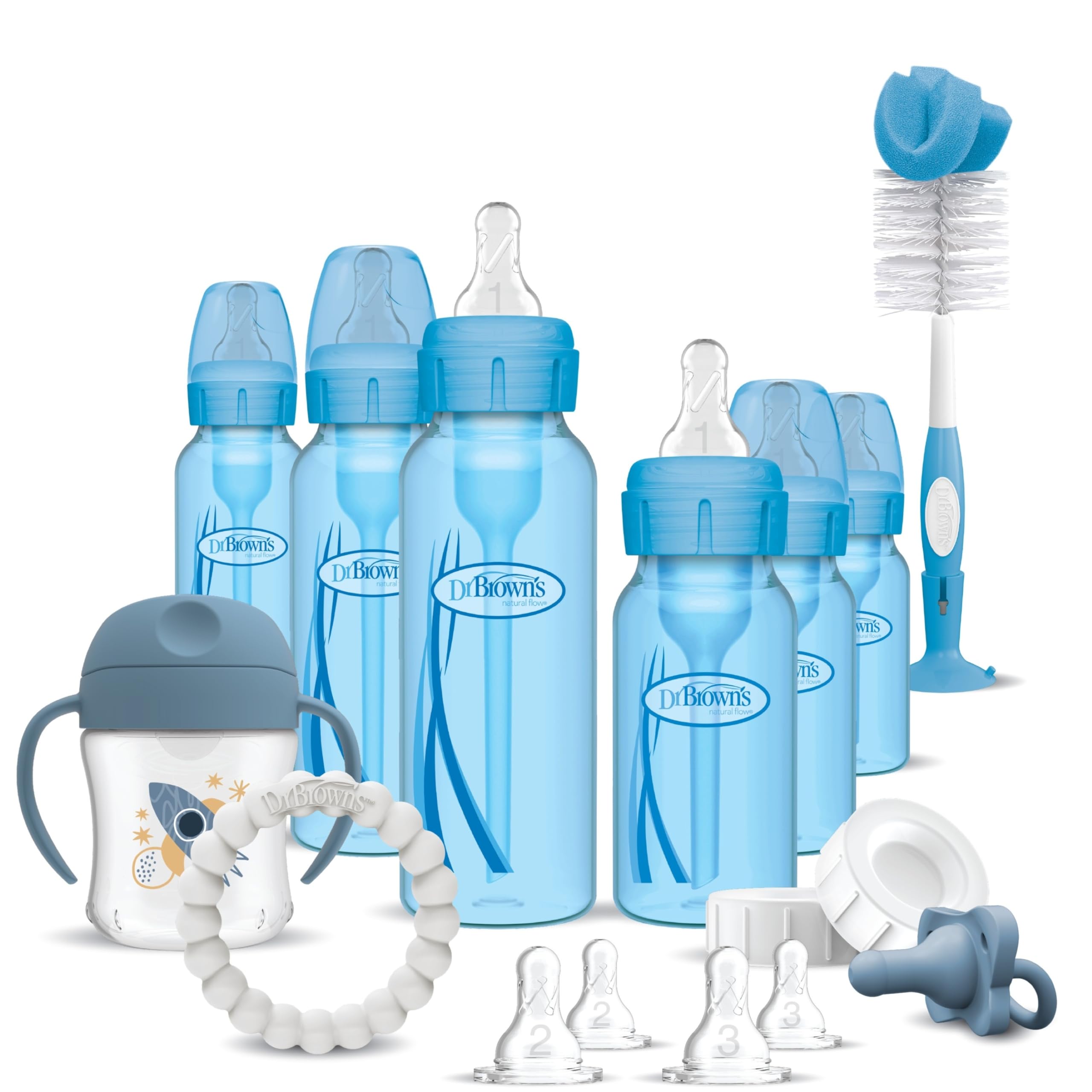 Photo 1 of Dr. Brown's Natural Flow Anti-Colic Options+ Special Edition Blue Baby Bottle Gift Set with Soft Sippy Spout Transition Cup, Flexees Teether, Bottle Cleaning Brush and Travel Caps