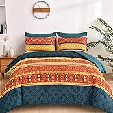 WONGS BEDDING Boho Comforter Set Queen Size,7 Pieces Bed in a Bag Bohemian Striped Bedding Set,Burnt Orange Paisley Floral Comfortet and Sheet Set,Soft Microfiber Bedding Sets for All Season