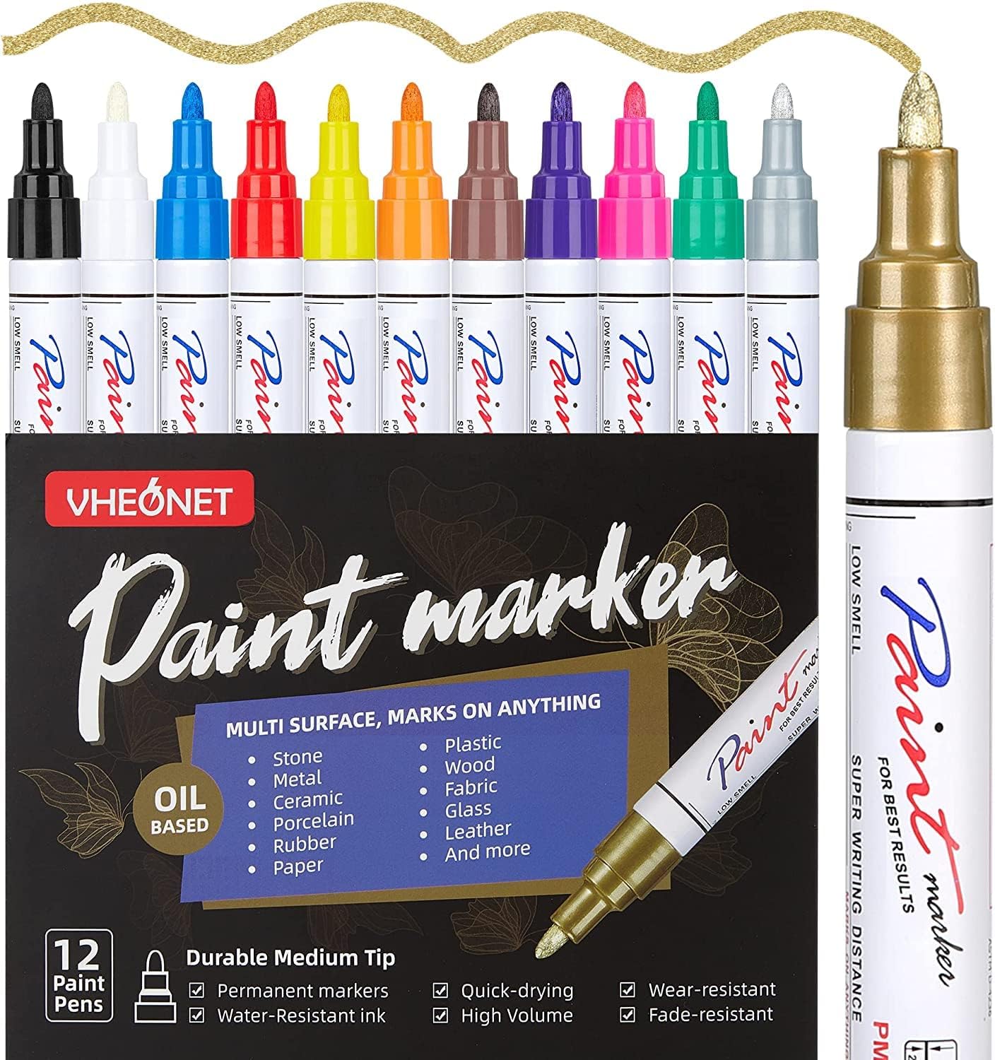 AVAVA Paint Pens Paint Markers, 12 Colours Permanent Waterproof Paint Pen Oil Based Paint Marker Pens Set for Rocks Painting, Metallic Wood Fabric Plastic, Canvas Glass Mug, DIY Craft