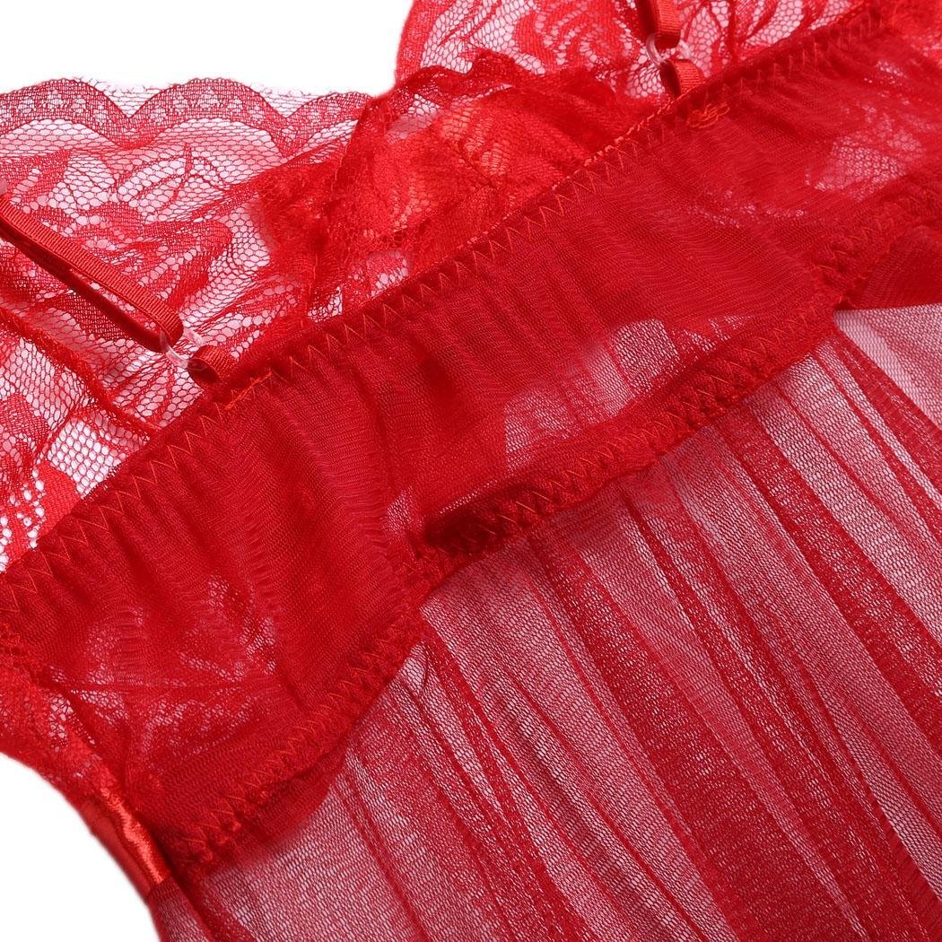 kirken Women Sexy Lingerie Lace See-Through 2 Pieces Babydoll Mini Dress and G-String Red