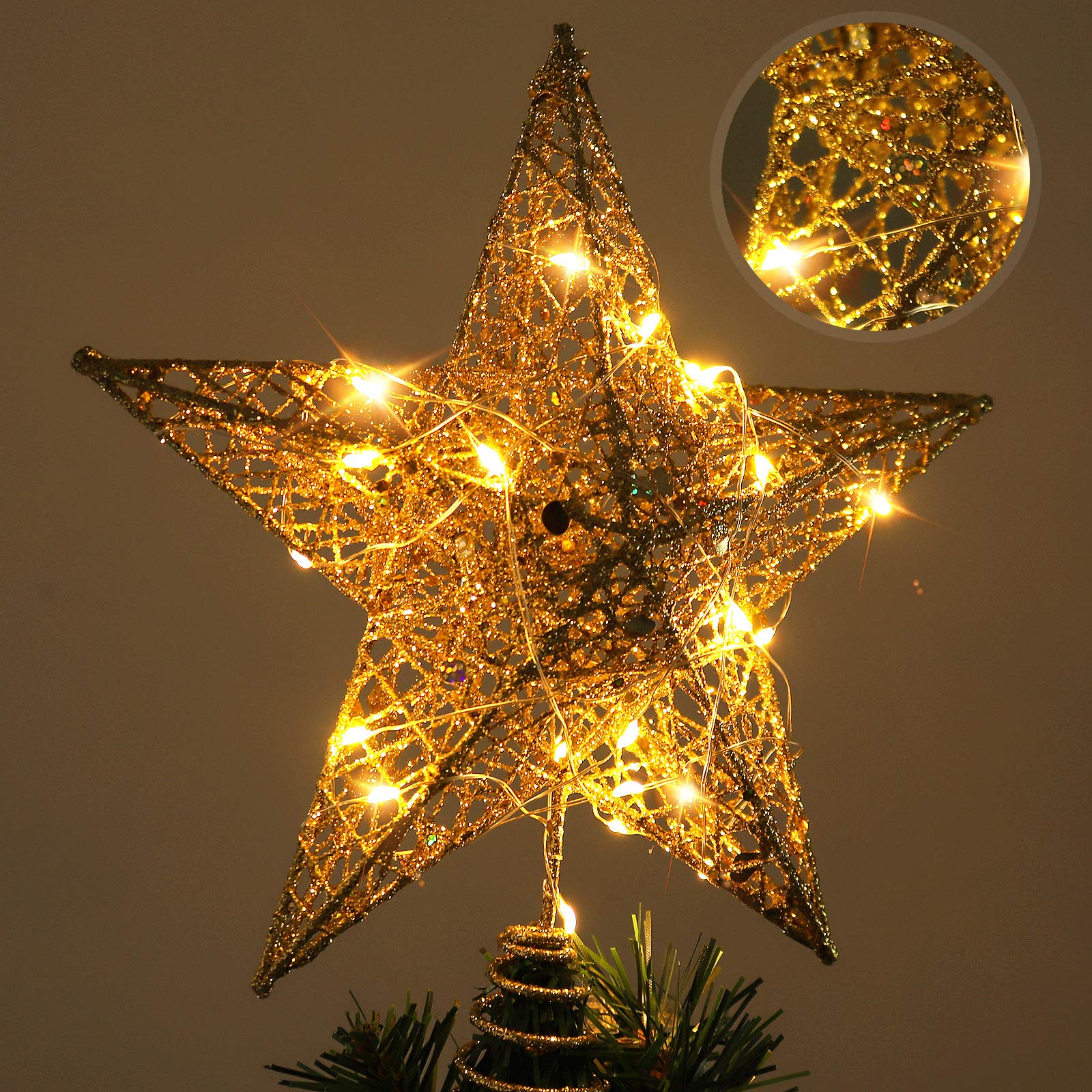 RECUTMS Christmas Tree Star Topper with Lights, Xmas Glittered Tree-top with LED Twinkle Lamp Ornament for Winter Party Home Bedroom Party Indoor Outdoor Lighting Decorations(Gold) โ image 1