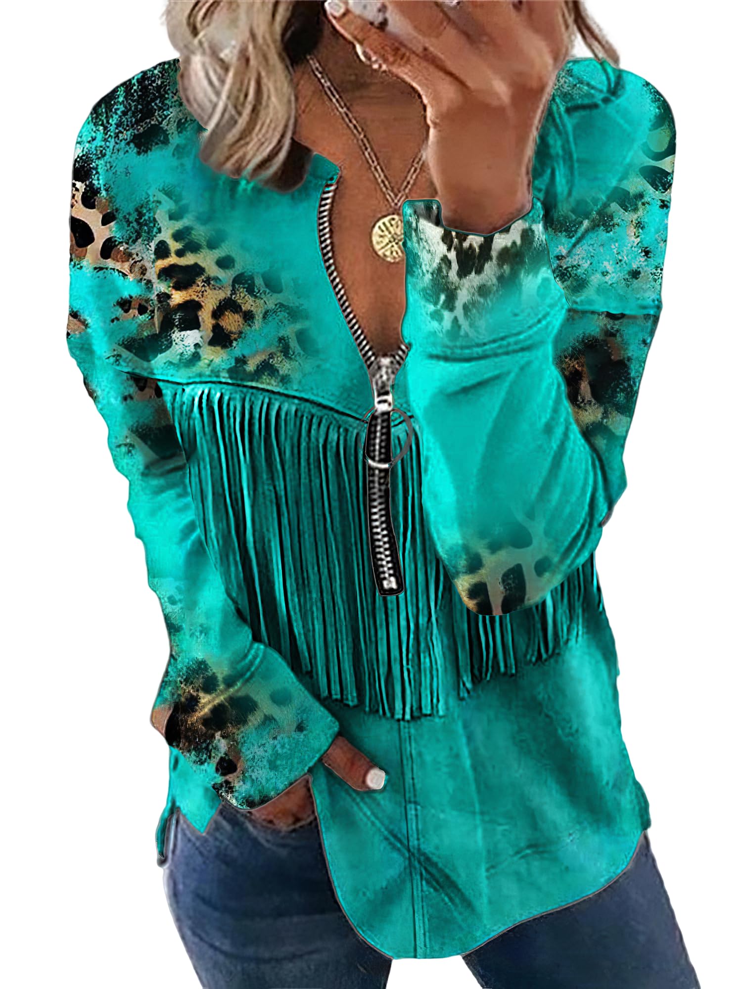 TIAFORD Women's Half Zip Cow Print Sweatshirt Long