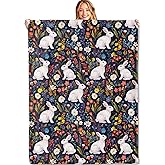 MIEPOS Cute Bunny Throw Blanket,50x60in,Soft,Lightweight Flannel,Adorable White Rabbit and Colorful Flower Floral Blankets - Gifts for Kids Adult,for Couch Office Travel,Home Living Room Decor