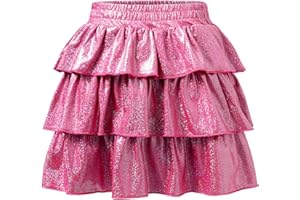 ZUNW Girls Metallic Skirt 3-Layer Ruffle Skirt Sparkly Shiny Skirt for Party with Shorts 6-14Y