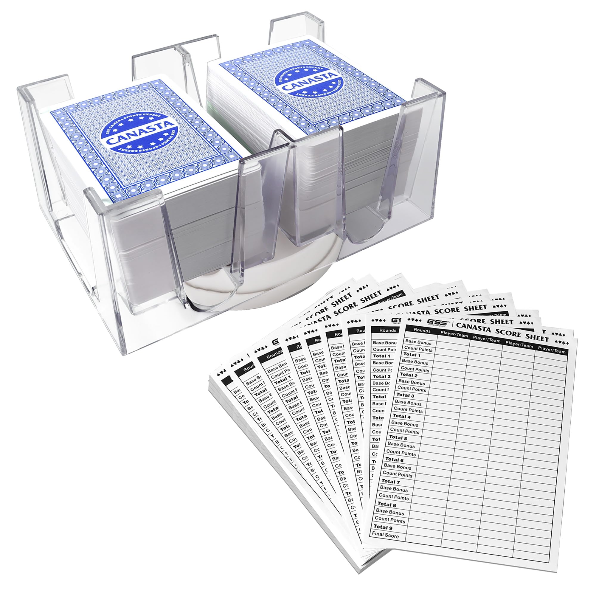 Photo 1 of GSE Games & Sports Expert Canasta Cards Game Set, Includes 6 Decks Canasta Playing Cards with Point Values, a Revolving Card Tray, and 100 Score Sheets (Blue)