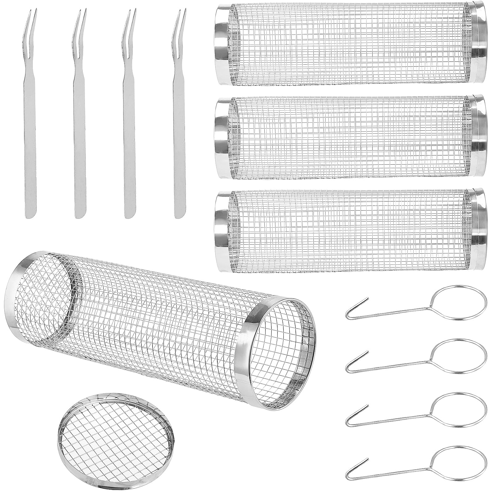 SEUNMUK 4PCS Rolling Grill Baskets, Stainless Steel Grilling Cages with Hooks and Forks, Barbecue Cages BBQ Tool for Outdoor Cooking Camping Meat Vegetables Seafood