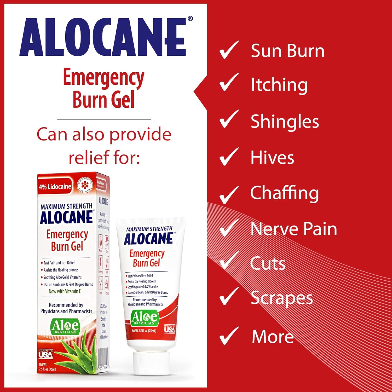 Alocane Emergency Burn Gel, 4% Lidocaine Maximum Strength Fast Pain and Itch Relief for Minor Burns, Sunburn, Kitchen, Radiation, Chemical, First Degree Burns, First Aid Treatment Burn Care 2.5 Fl Oz: Health & Personal Care