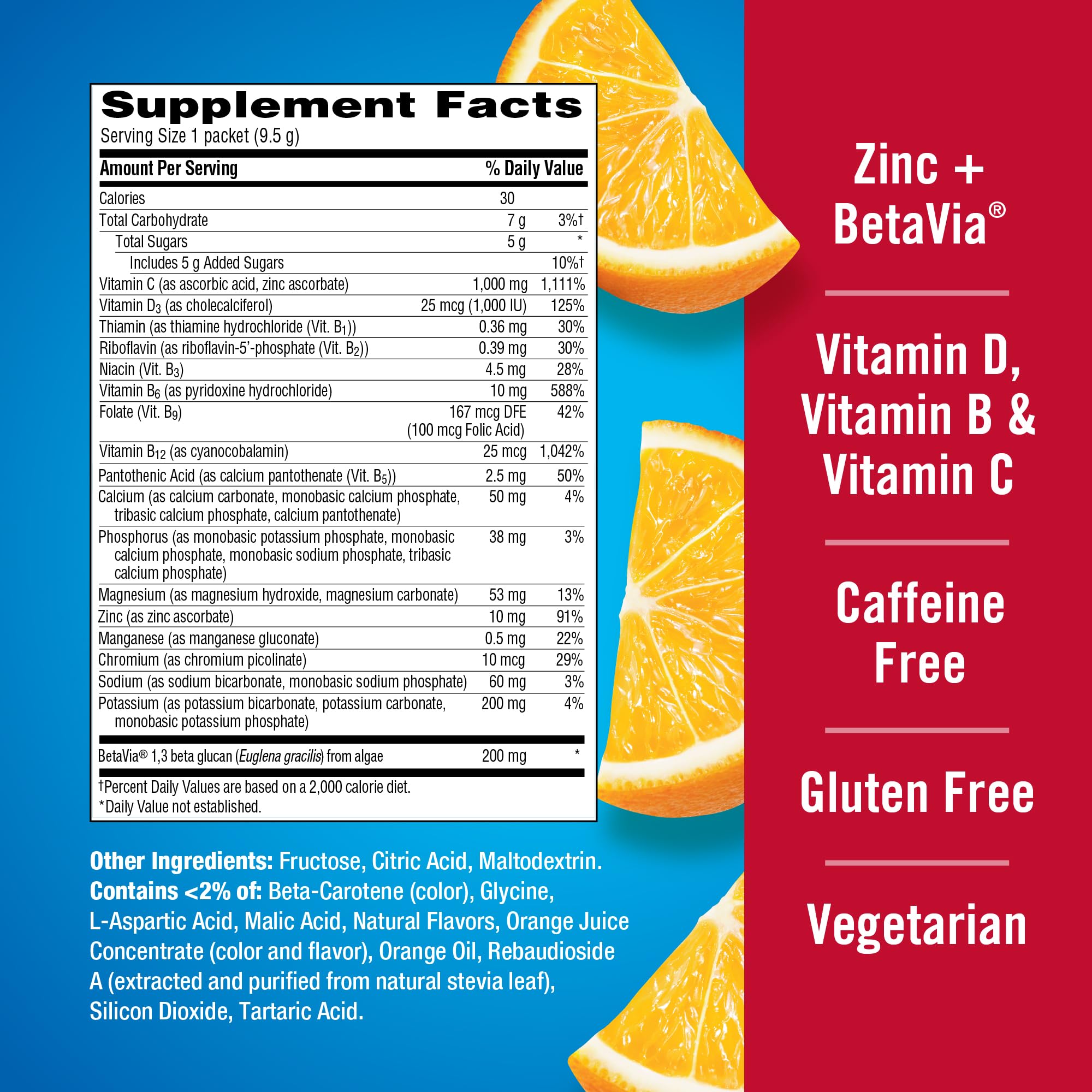 Emergen-C Immune+ Triple Action Immune Support Powder, BetaVia (R), 1000mg Vitamin C, B Vitamins, Vitamin D and Antioxidants, Super Orange, Back to School Essentials – 50 Count