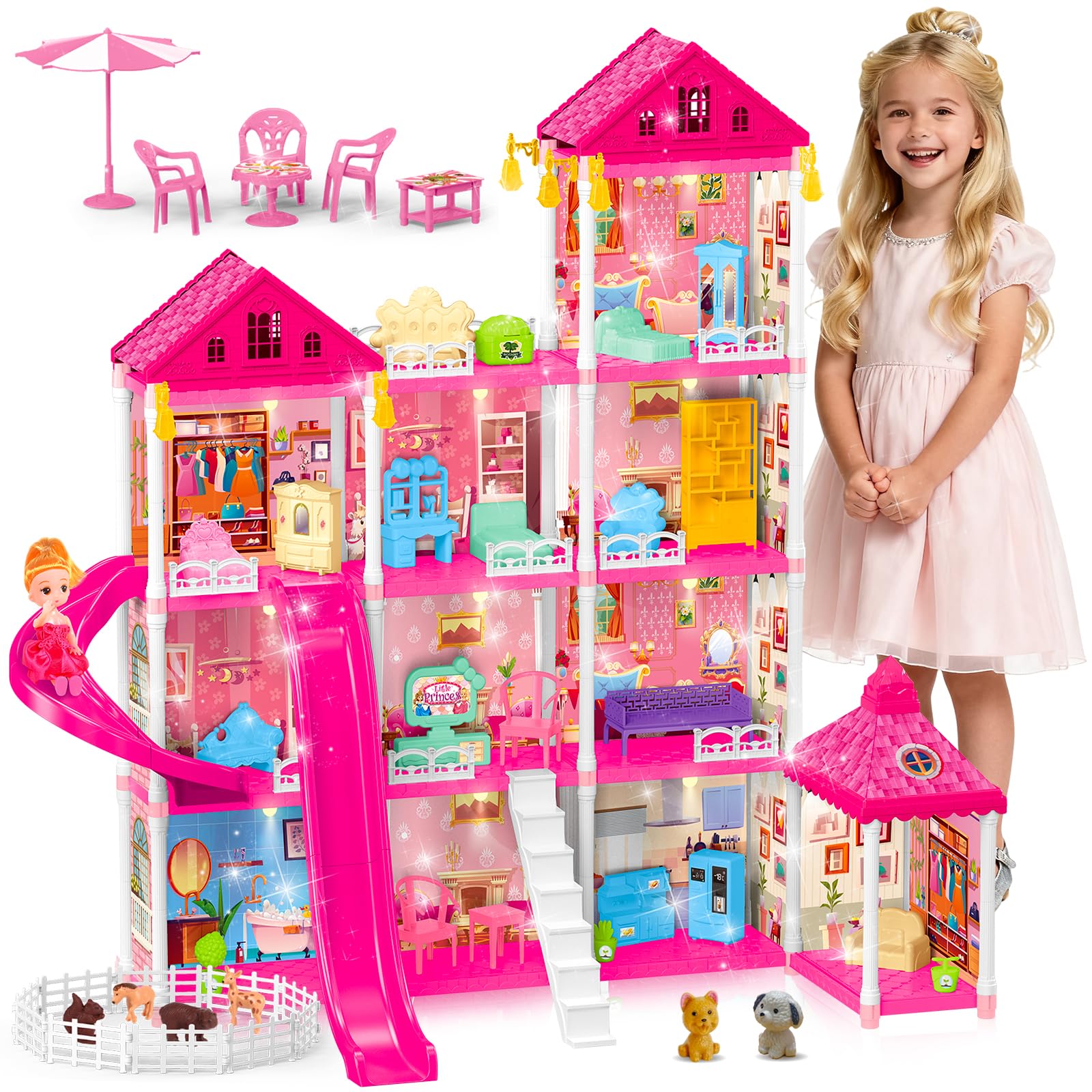 Photo 1 of Rongmeiz 4-Story Doll House Large DIY Playhouse for Girls, Little Girl Dream House with Furniture, Animals Play Area & 2 Princesses Slide, Creative Construction Toy for Birthdays & Christmas
