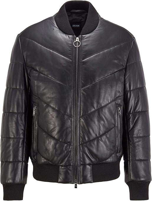 BOSS Mens Geton Relaxedfit QuiltedLeather Jacket with Ribbed Trims
