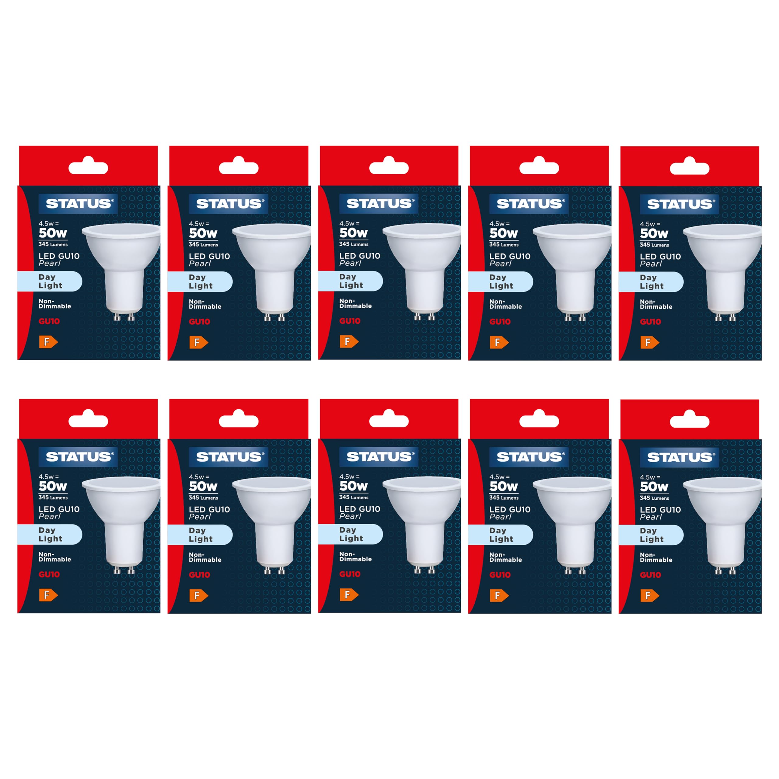 Status LED GU10 Spotlight Bulbs, 4.5W Daylight 6500K Wide Beam Lamps, 50W Equivalent 345lm Energy Saving Lighting for Kitchen or Bathroom, Pearl Finish, 10 Pack (4.5SLGU10DP1B10)