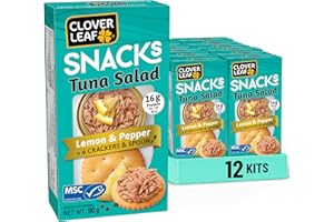 Clover Leaf Tuna Salad Snack Kit, Lemon & Pepper - 90g, 12 Count - 16g Protein per Box - Pre-Mixed Flavoured Light Skipjack -