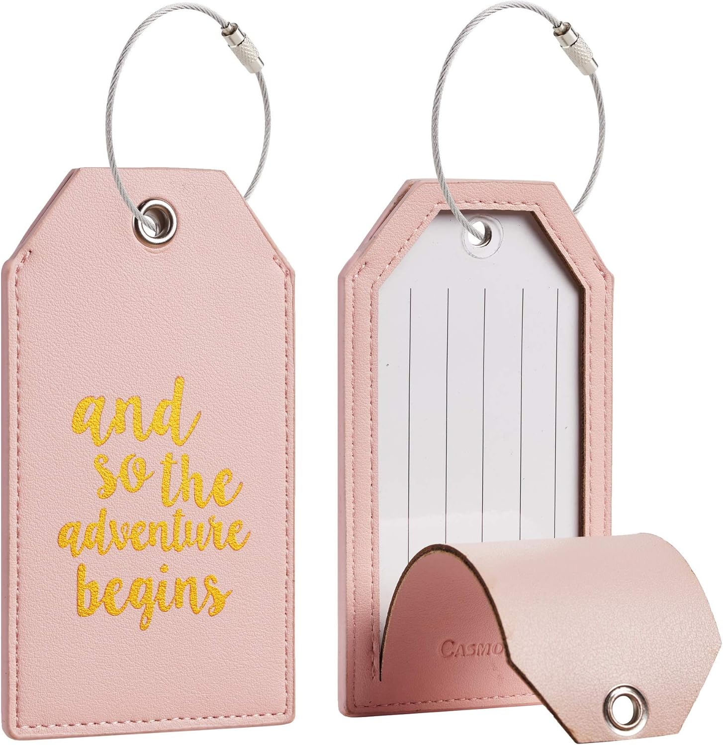  | Casmonal Luggage Tags with Full Back Privacy Cover w/Steel Loops (pink 02 pcs set) | Luggage Tags