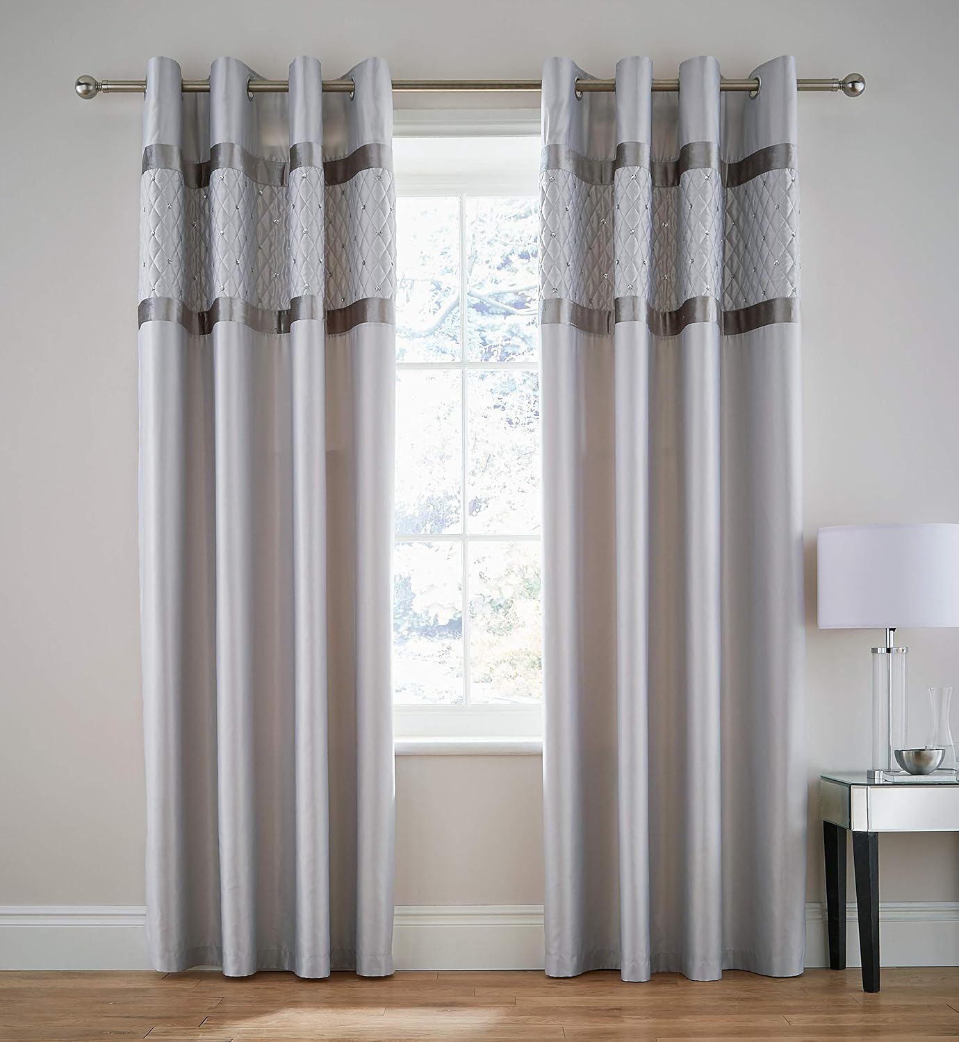 Catherine Lansfield Sequin Cluster 66x72 Inch Lined Eyelet Curtains Two Panels Silver Grey, W 66" x L 72" (2 Panels)