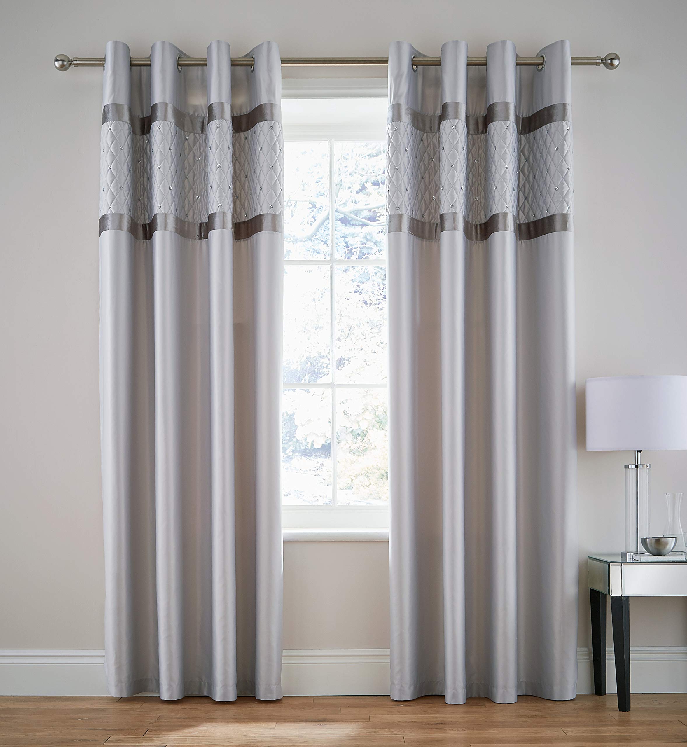 Catherine Lansfield Sequin Cluster 66x72 Inch Lined Eyelet Curtains Two Panels Silver Grey