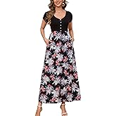 Kormei Women's Short Sleeve V Neck Button Loose Plain Maxi Dresses Casual Summer Tshirt Dress with Pockets