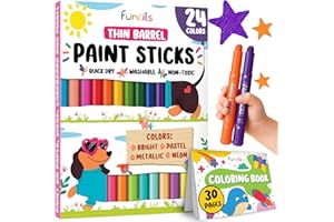 Funcils 24 Thin Tempera Paint Sticks for Kids Washable (Coloring Book incl) | Non-Toxic Markers for Toddlers 1-3 | Works on P